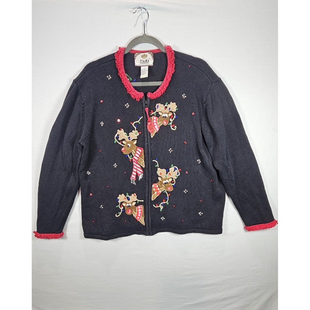 Vintage Tiara Reindeer Christmas‎ Zip Cardigan L Sequin Holiday Sweater